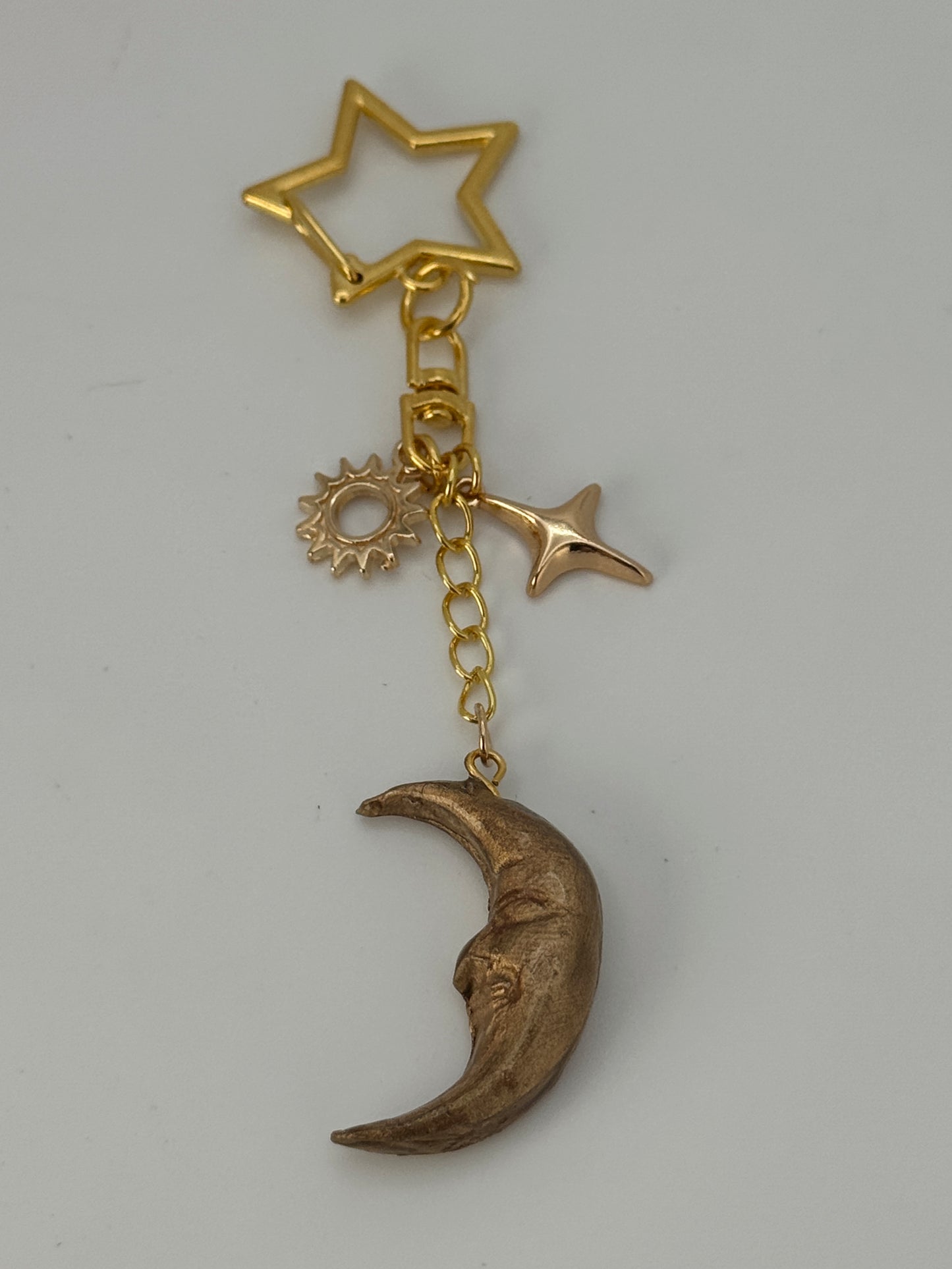 Celestial Crescent Moon Bag Charm – Gold Sun & Star Keychain – Handmade Polymer Clay Statement Charm