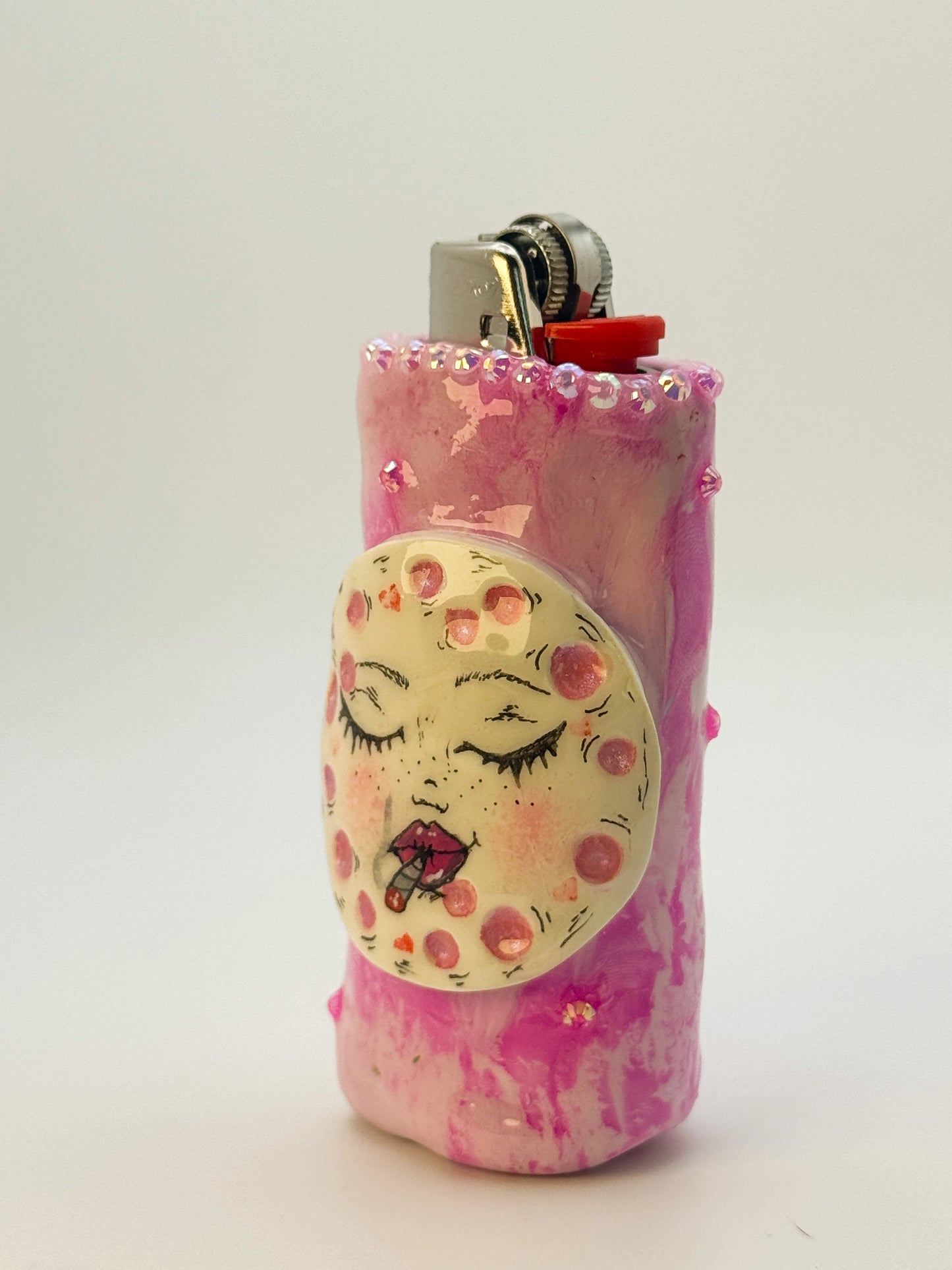 Smoking Pink Moon Lighter Case| Fits Standard Bic | Handmade Polymer Clay Art