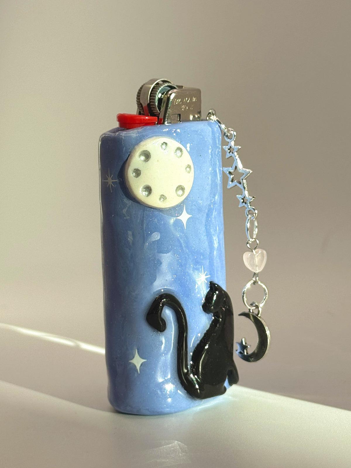 Black Cat Case with charm| Fits Standard Bic | Handmade Polymer Clay Art