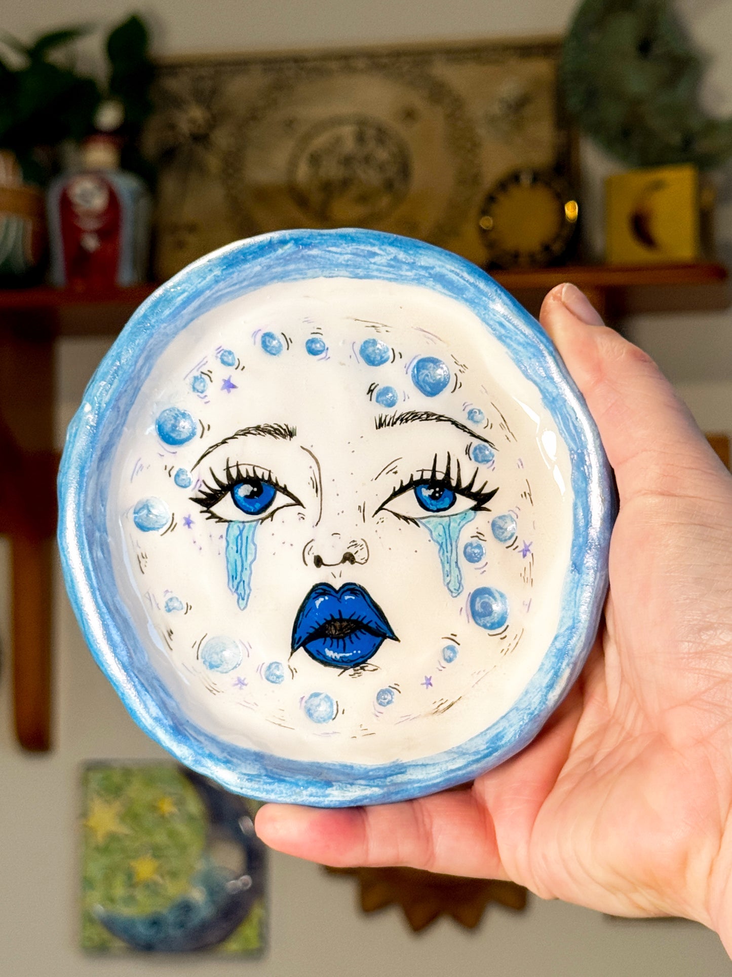 Crying Moon Trinket Dish – Hand-Painted Celestial Face