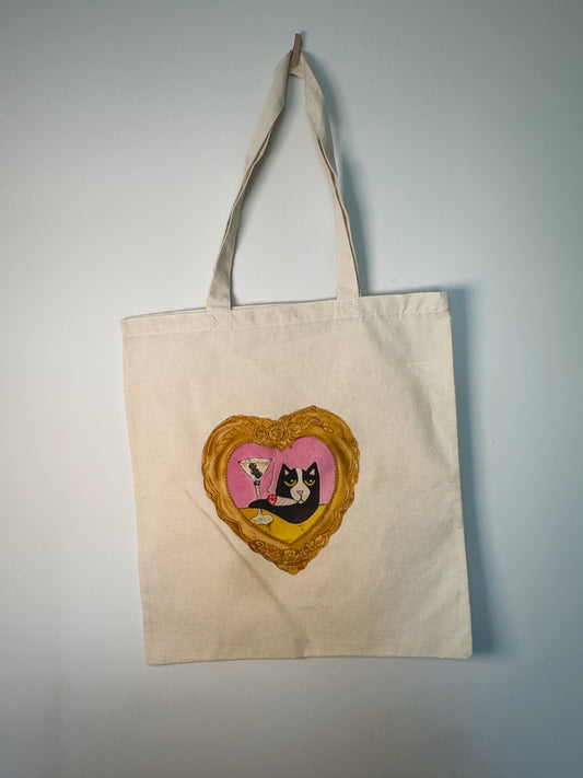 Meowtini Cat Hand-Pressed Tote Bag | 15x16 Natural Cotton