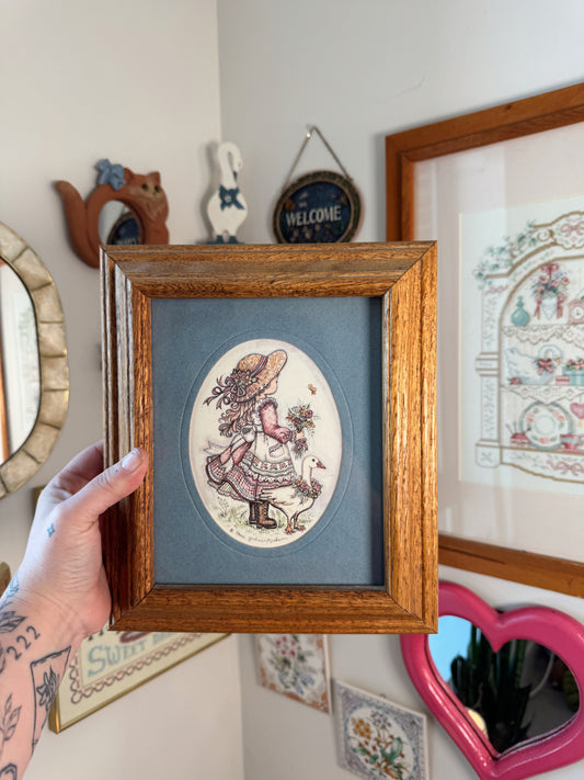 Vintage Chris Graham-Mecham Framed Print – Cottage Girl & Goose (11x9)