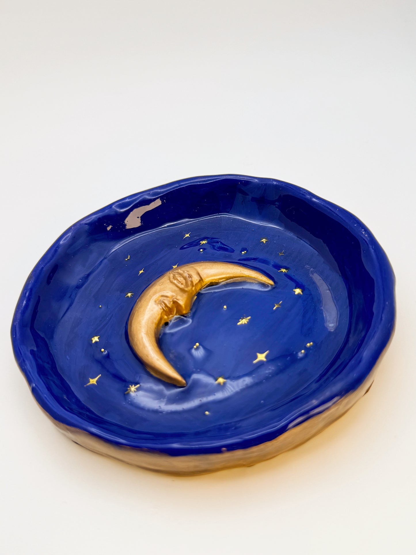 Handmade 90s Celestial Moon Trinket Dish – 4.5” Polymer Clay Starry Night Dish – Blue & Gold Jewelry Dish