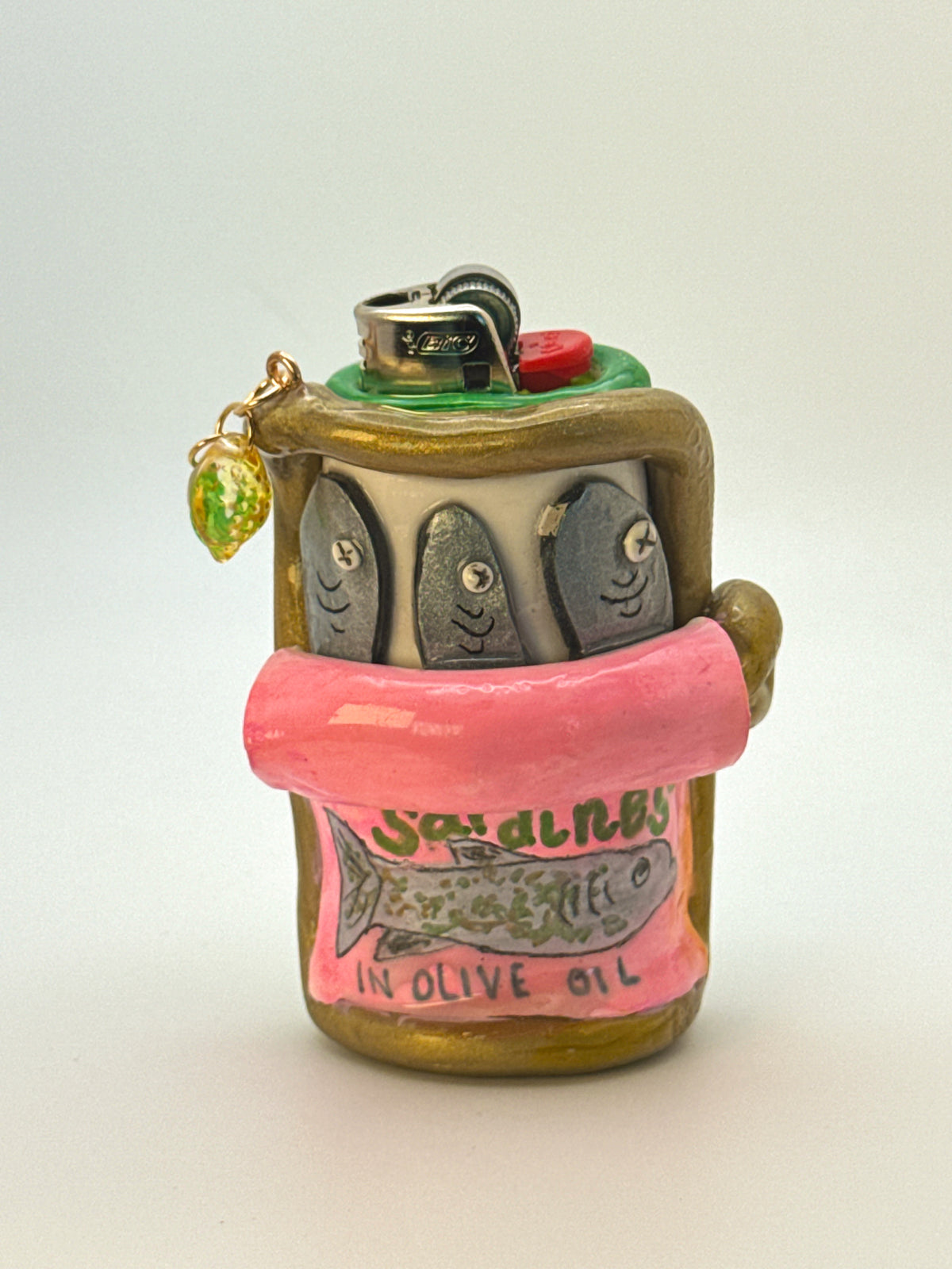Sardines Tin Case with charm| Fits Standard Bic | Handmade Polymer Clay Art
