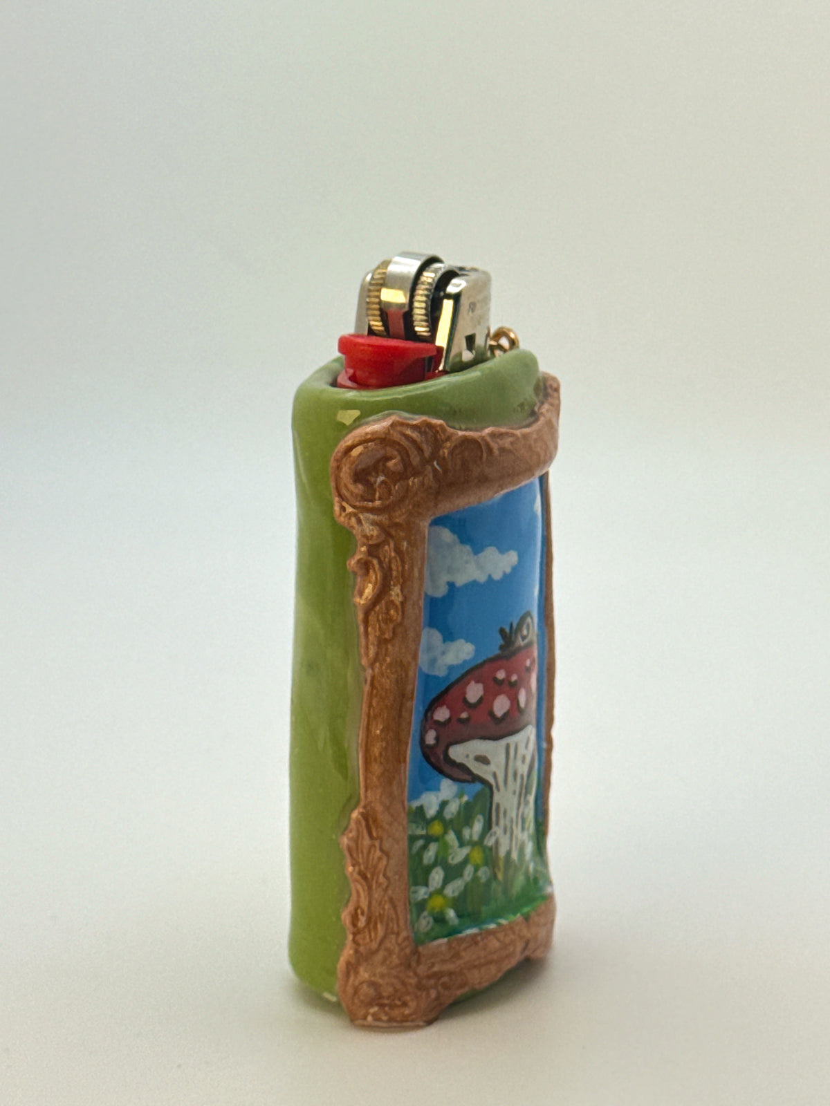 Vintage Frame Snail On A Mushroom Case with charm| Fits Standard Bic | Handmade Polymer Clay Art