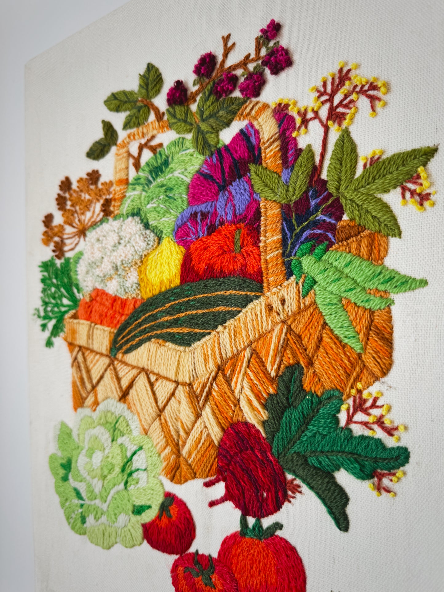 1980 Creative Circle Completed Crewel – "Vegetable Basket" Harvest Wall Art