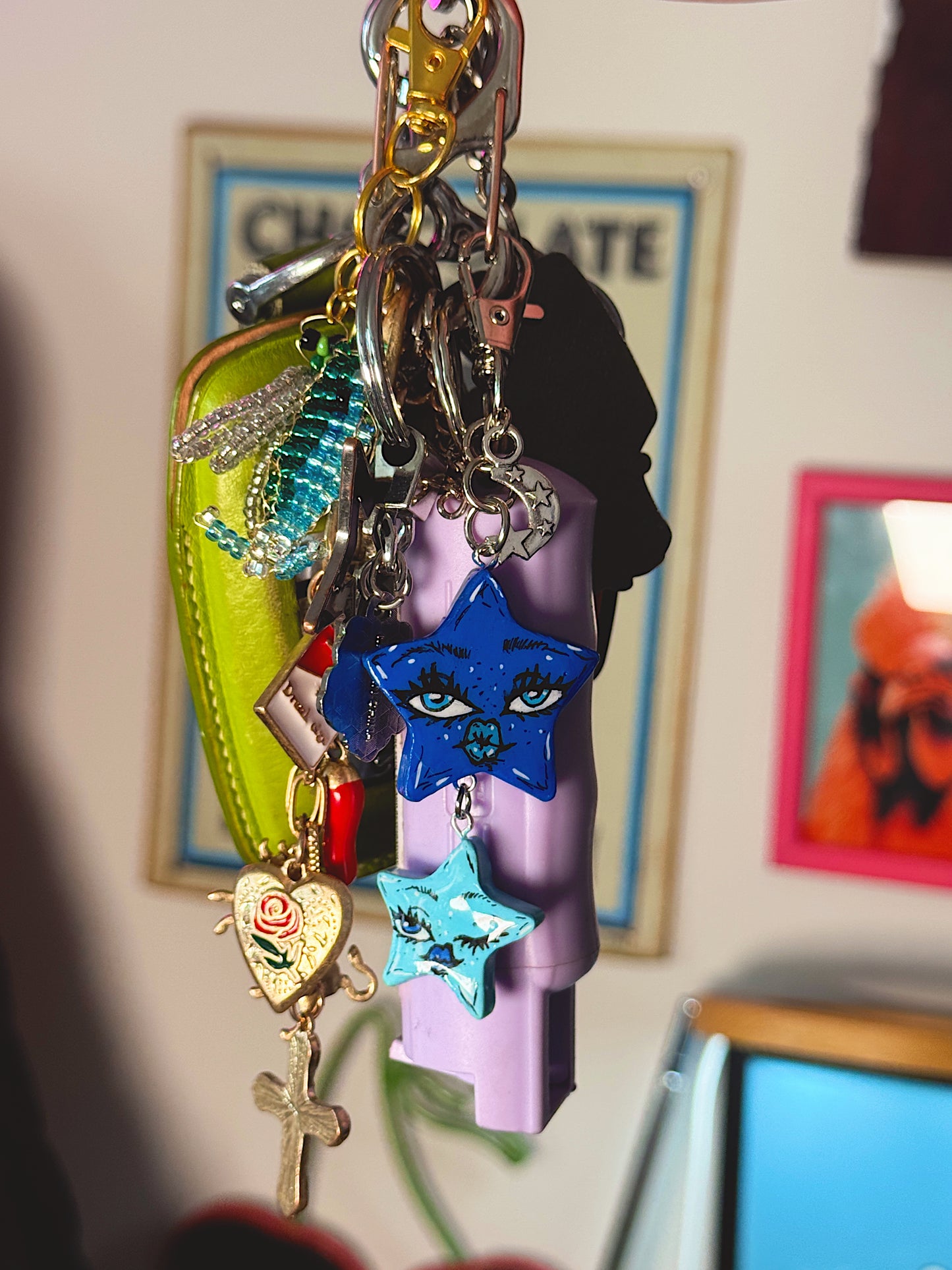 Double Star Celestial Face Keychain – Handmade Star Bag Charm