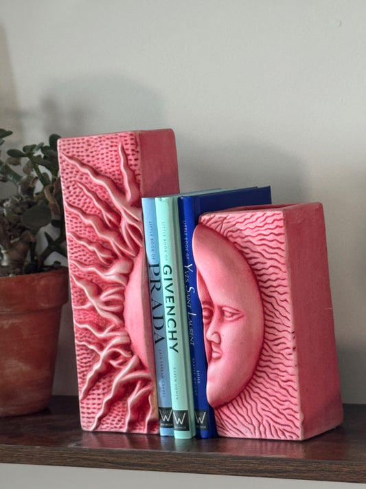 Vintage Pink Ceramic Sun & Moon Sculptural Bookends / Candle Holders (Set of 2)