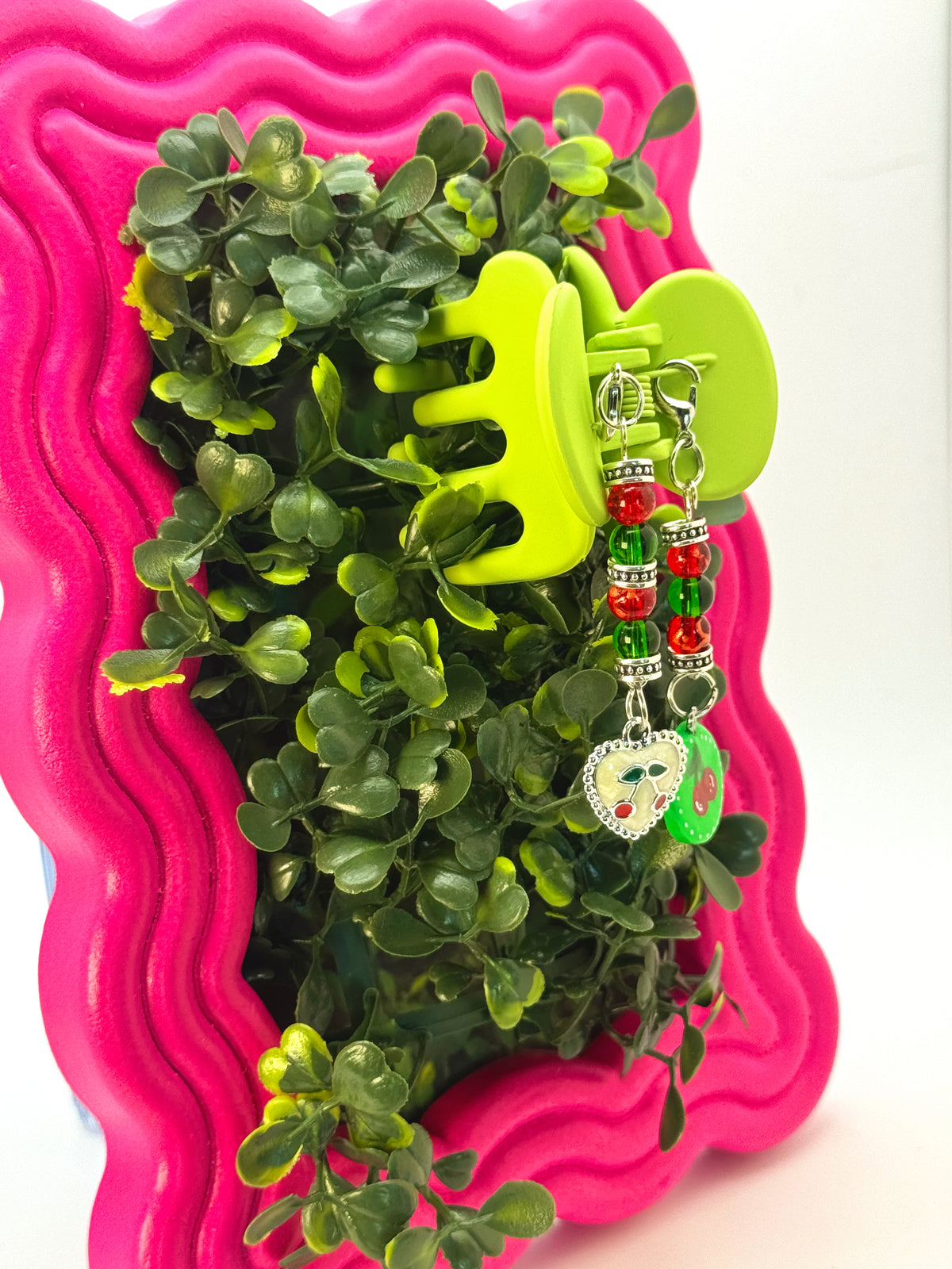 Lime Green Small Claw Clip with Handmade Beaded Charms | Removable Charm Clip | 2.1”