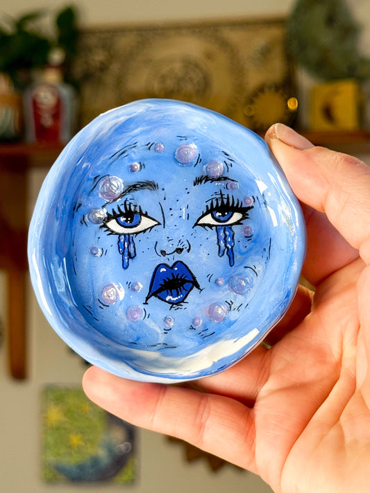 Handmade Sad Moon Face Ring Dish – 3.5” Polymer Clay Celestial Trinket Dish – Blue Starry Jewelry Dish