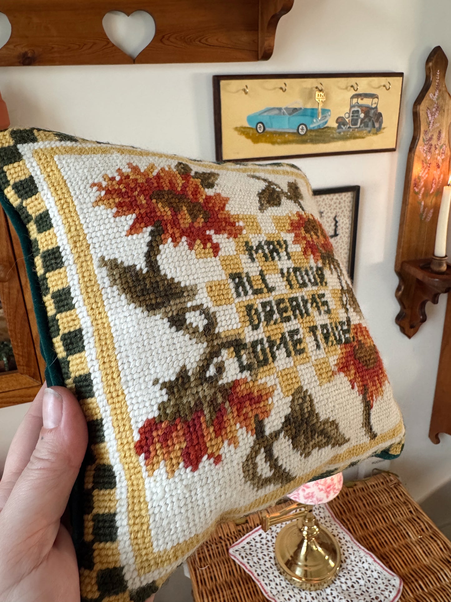 Vintage Needlepoint Sunflower Pillow – “May All Your Dreams Come True” – 9x9
