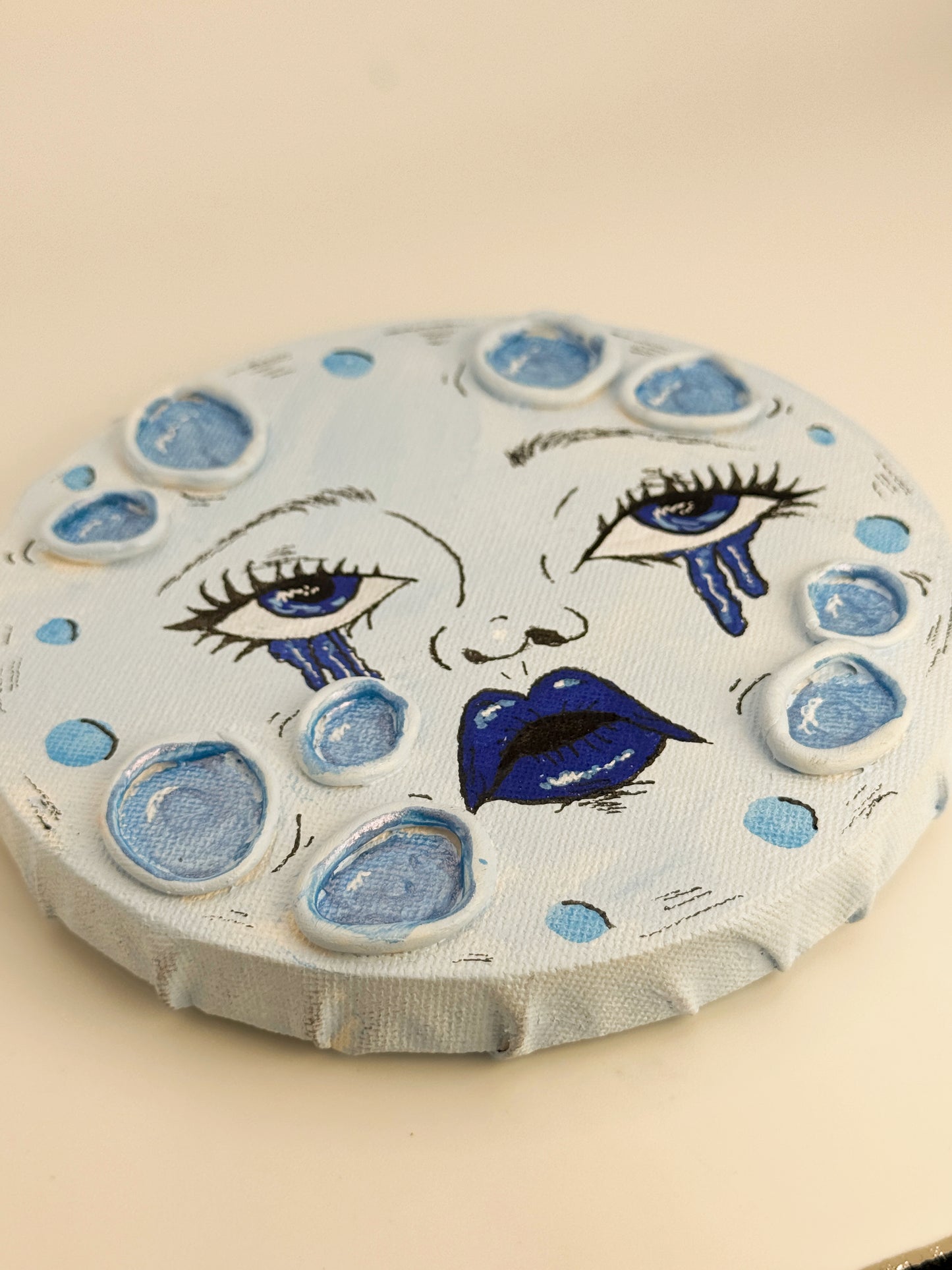 Sad Girl Moon – Hand-Painted Moon Face Wall Art (5” Textured Canvas)