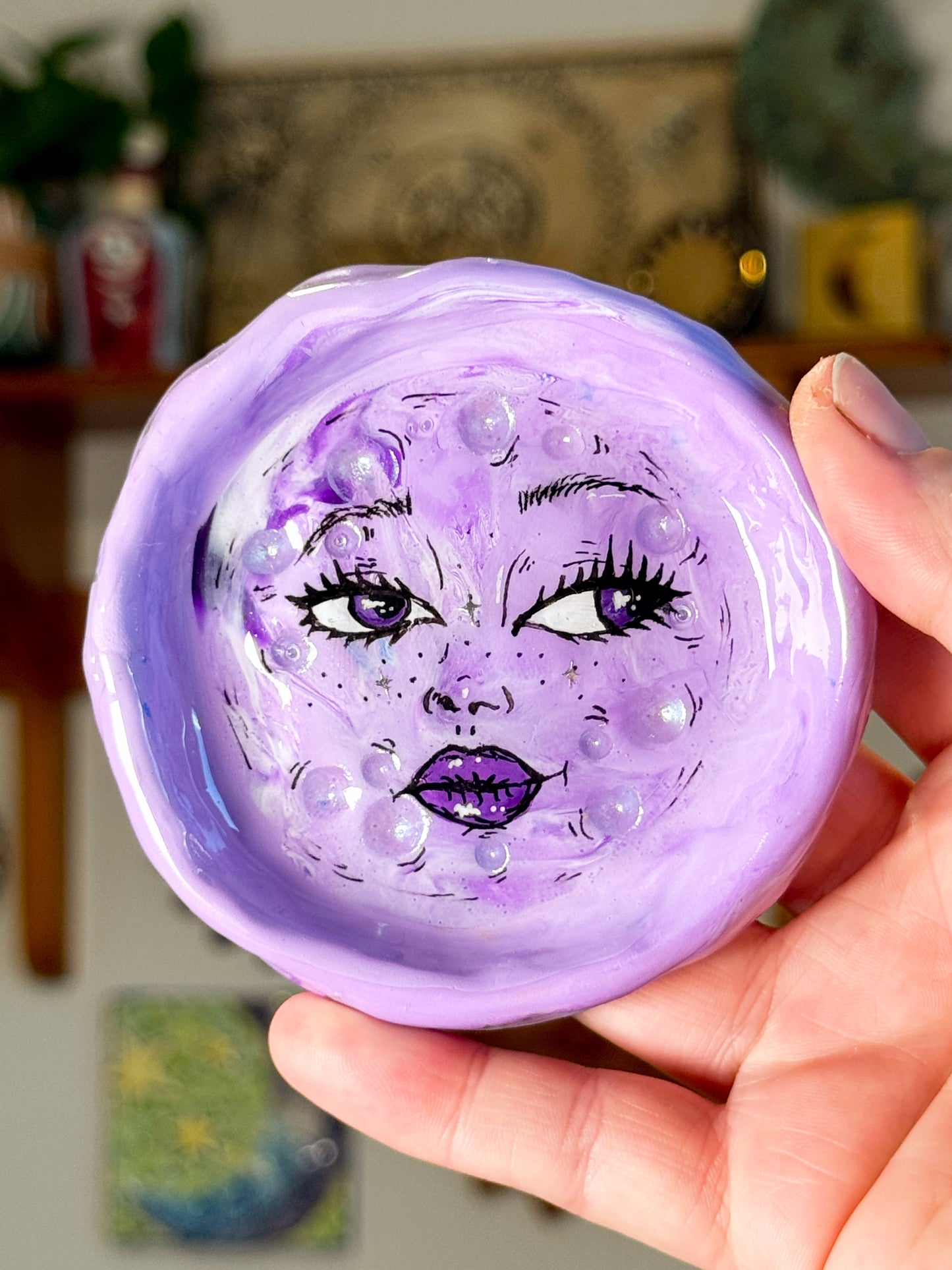 Handmade Moon Face Ring Dish – 3.5” Polymer Clay Celestial Trinket Dish – Purple Starry Jewelry Dish