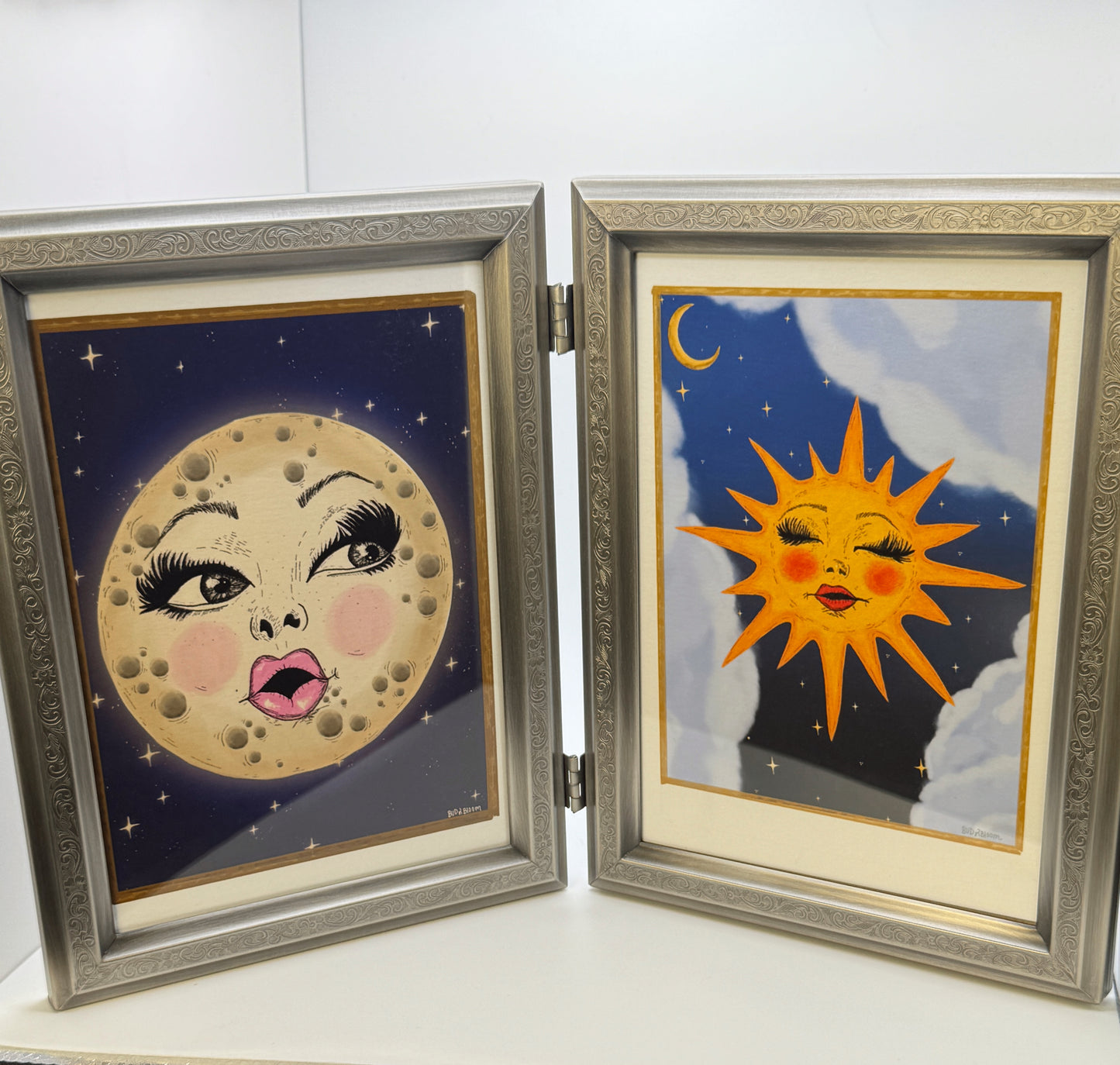 Vintage Hinged Double Frame with Sun & Moon Art Prints – Celestial Wall or Table/Shelf Display