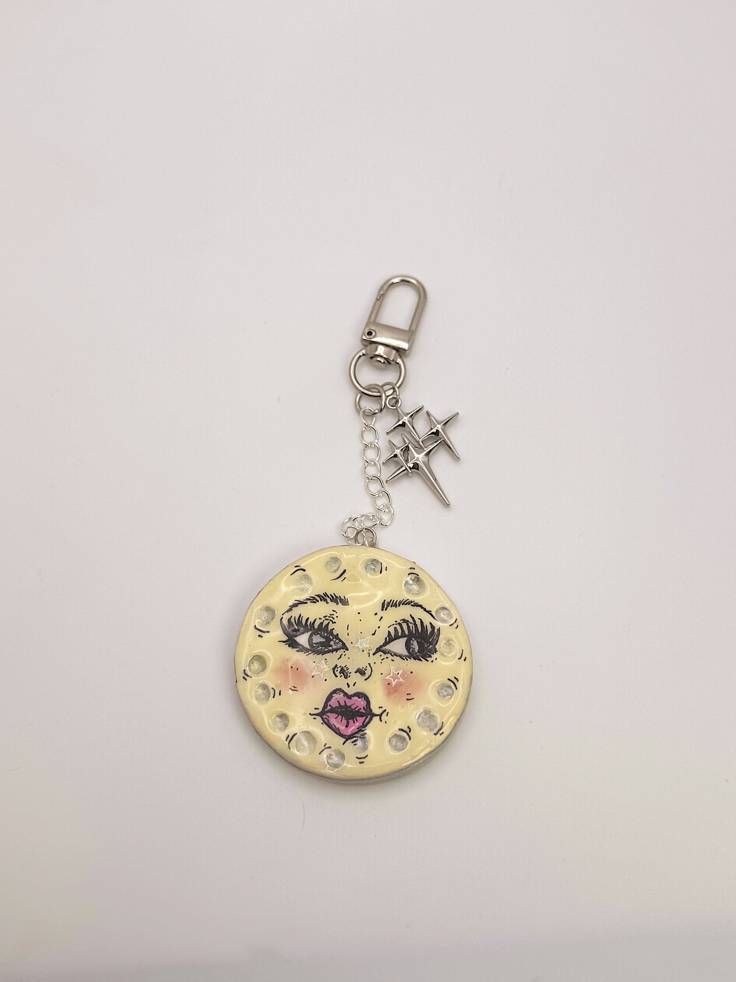Moon Face Keychain & Bag Charm – Hand-Painted Celestial Charm with Star Accen