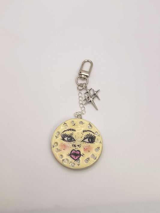 Moon Face Keychain & Bag Charm – Hand-Painted Celestial Charm with Star Accen