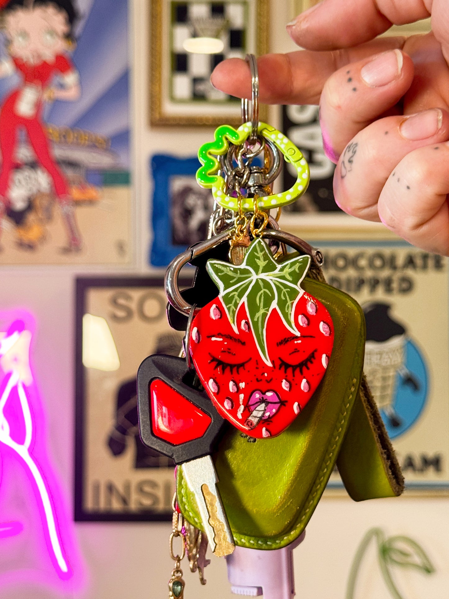 Smoking Strawberry Keychain – Handmade Polymer Clay Bag Charm