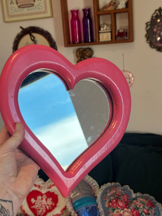 Vintage Pink Heart Wall Mirror (Hand-Painted, 10” x 10”)