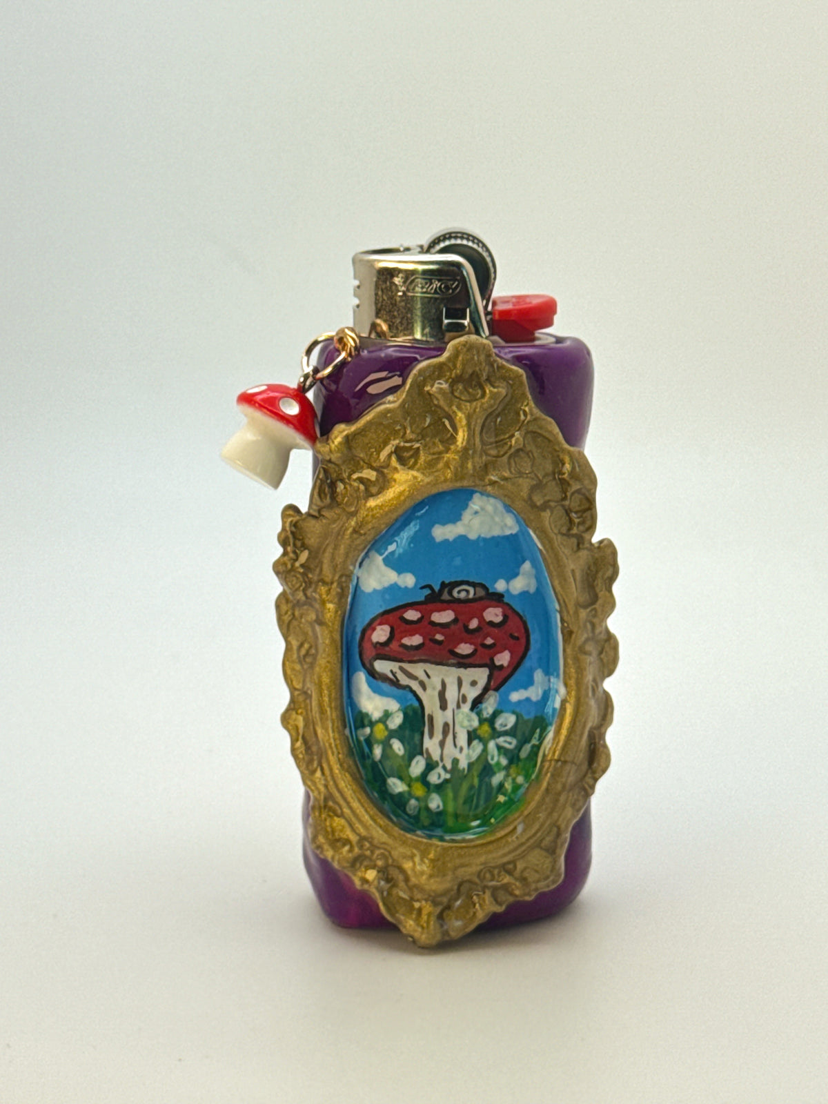 Vintage Frame Snail On A Mushroom Case with charm| Fits Standard Bic | Handmade Polymer Clay Art