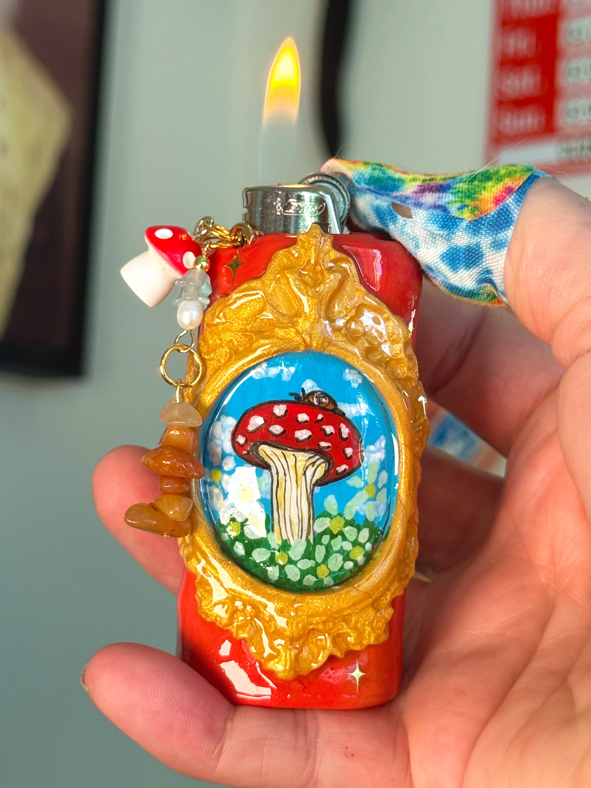 Vintage Frame Snail On A Mushroom Case with charm| Fits Standard Bic | Handmade Polymer Clay Art