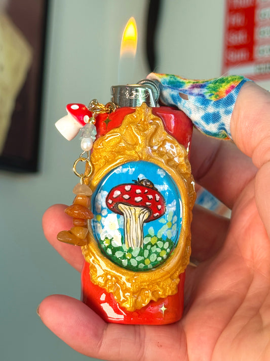 Vintage Frame Snail On A Mushroom Case with charm| Fits Standard Bic | Handmade Polymer Clay Art