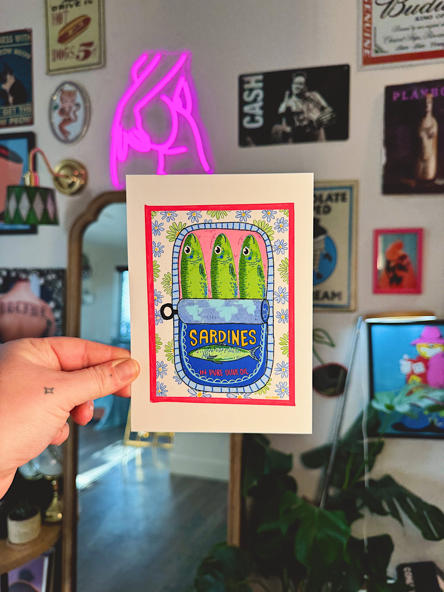 Sardines in Olive Oil Art Print – 5x7 Whimsical Food Illustration (Unframed)