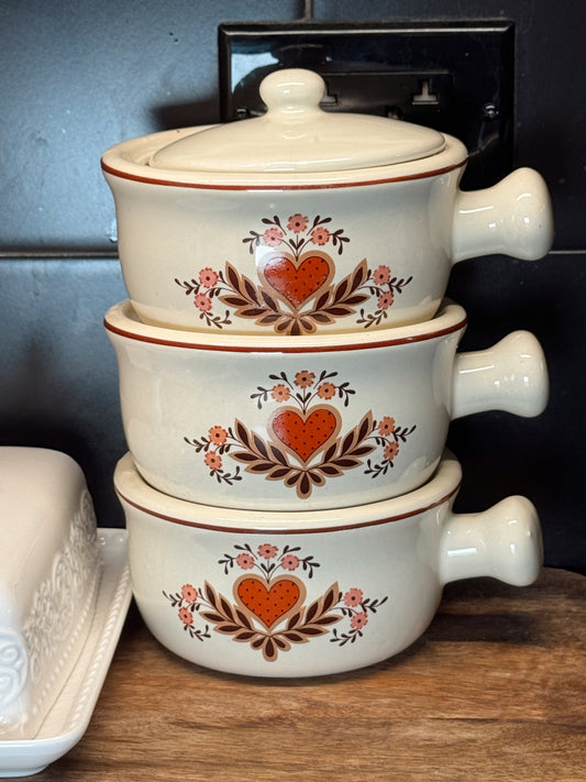 Vintage 1970s Heart Stoneware Soup Crock Set – Set of 3 with Lids