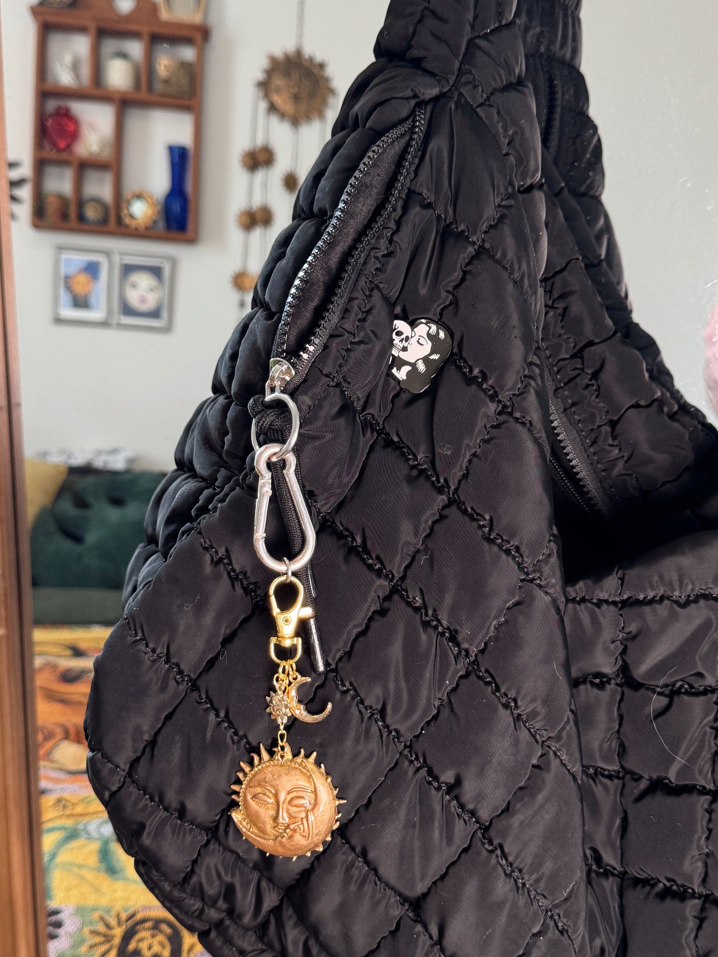 Handmade Celestial Sun & Moon Keychain – Vintage Style Gold Bag Charm
