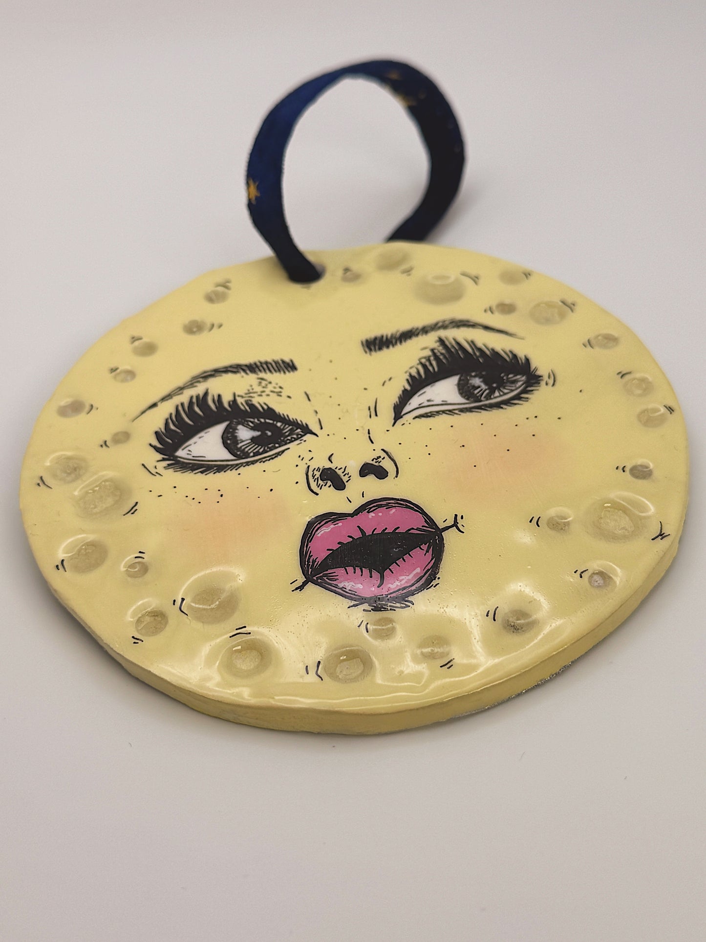 Moon Face Wall Hanging – Handcrafted Polymer Clay Art (4.5”)