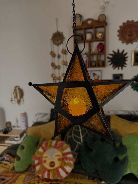 Set of 2 Moravian Star Hanging Candle Lanterns – Amber & Yellow Glass