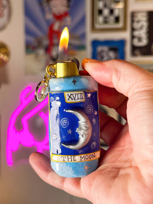 The Moon Tarot Card Lighter Case w/ Charm | Fits Standard Bic | Handmade Polymer Clay Art