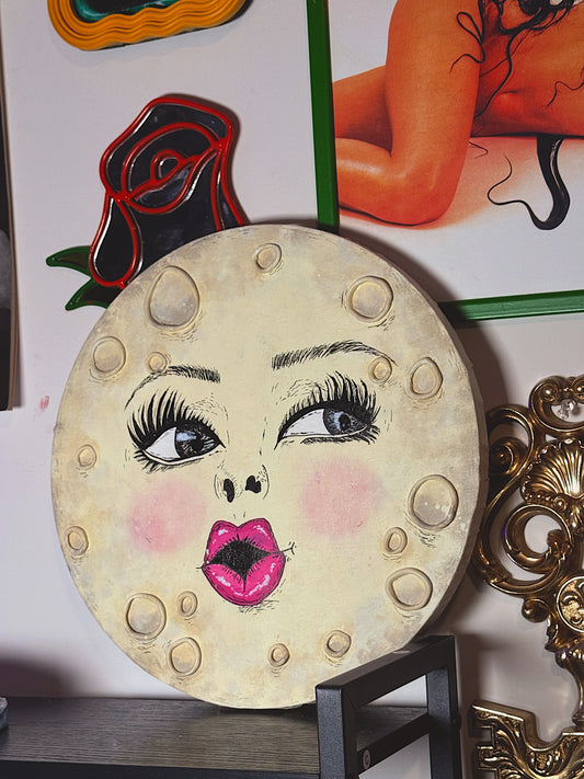 Miss Moon – Hand-Painted Moon Face Wall Art (12” Textured Canvas)