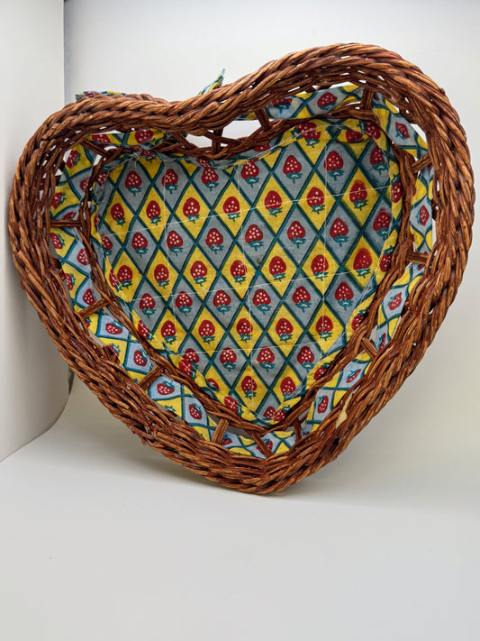 Vintage Heart Shaped Wicker Basket with Strawberry Liner – Cottagecore Decor