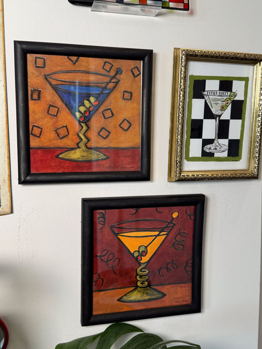 Set of 2 Vintage Martini Art Prints – Framed Cocktail Wall Art – 8x8