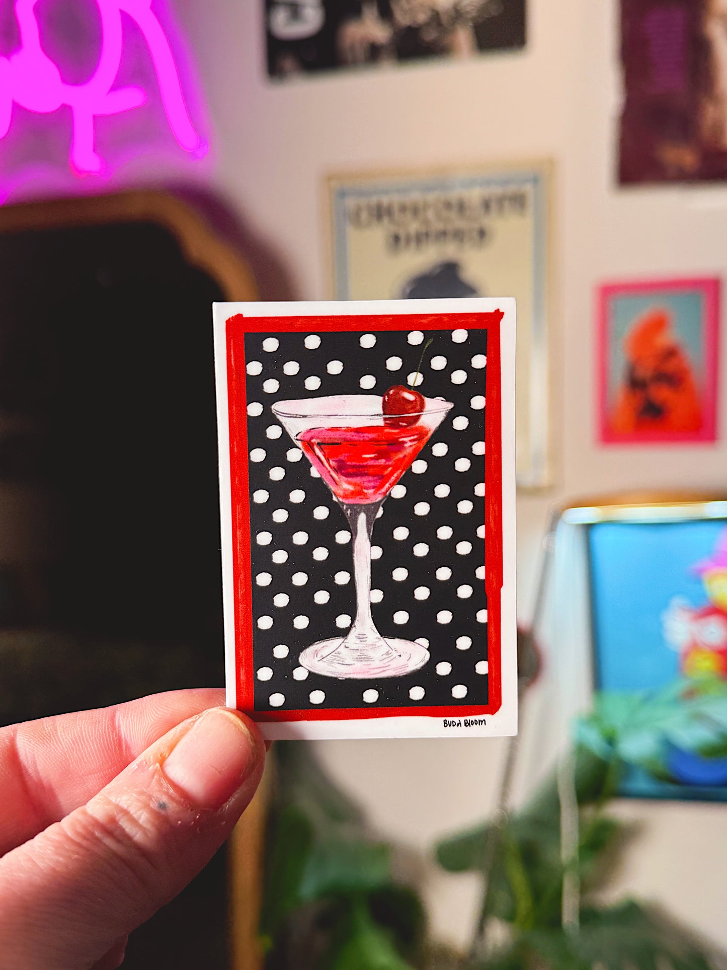 Cherry Martini Sticker – Polka Dot Cocktail Vinyl Sticker, Retro Bar Aesthetic Art