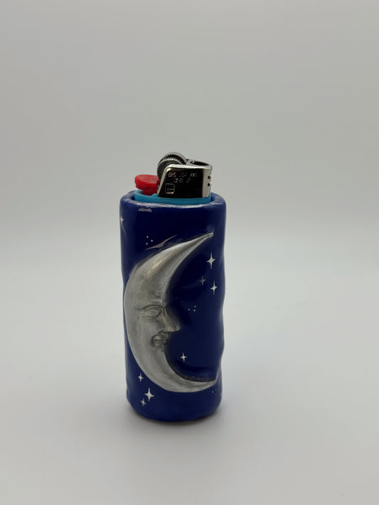 Handmade Celestial Moon Lighter Case Silver – Polymer Clay 90s Inspired Starry Night Cover