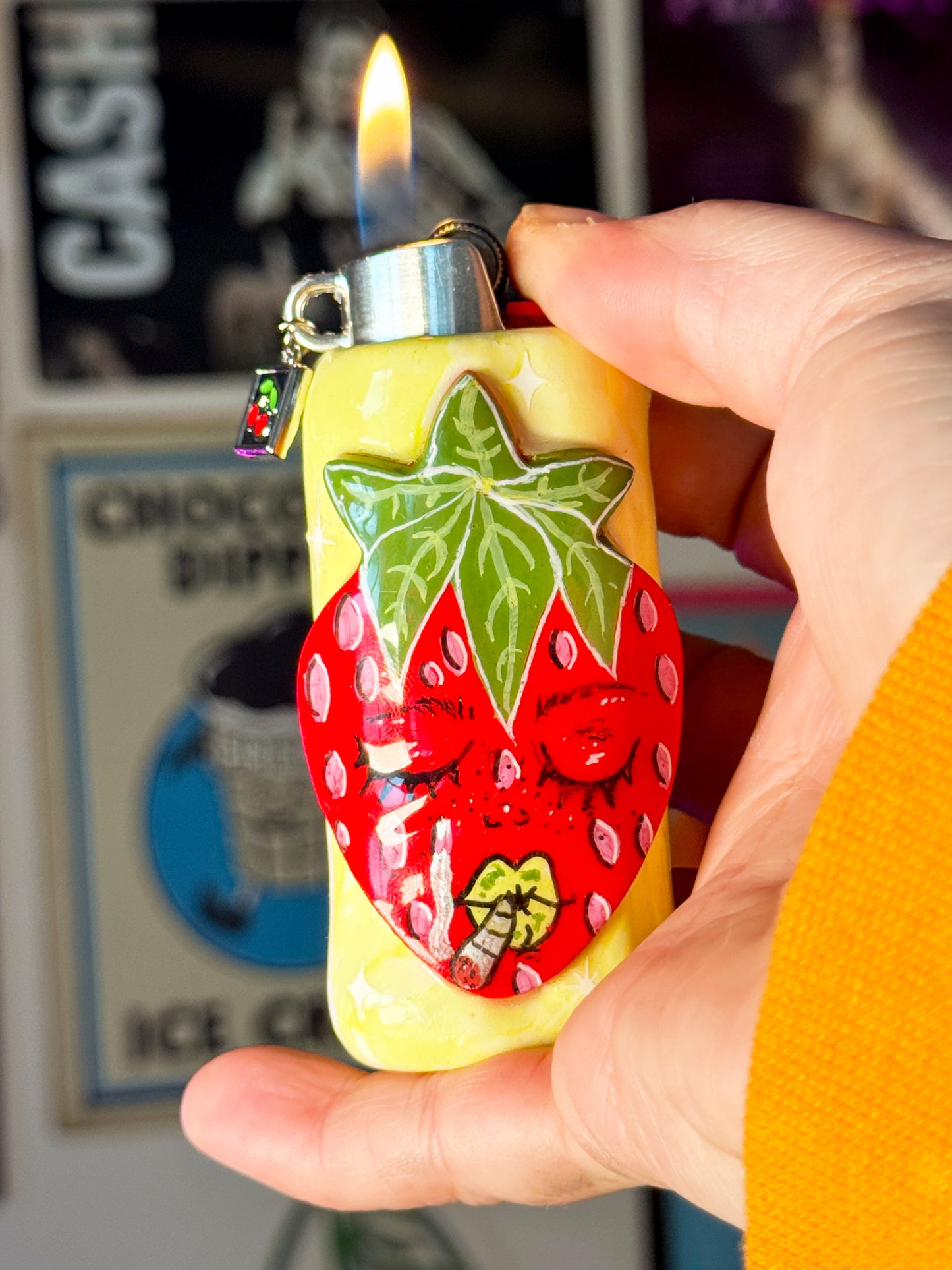 Smoking Strawberry Lighter Case w/ charm | Fits Standard Bic | Handmade Polymer Clay Art