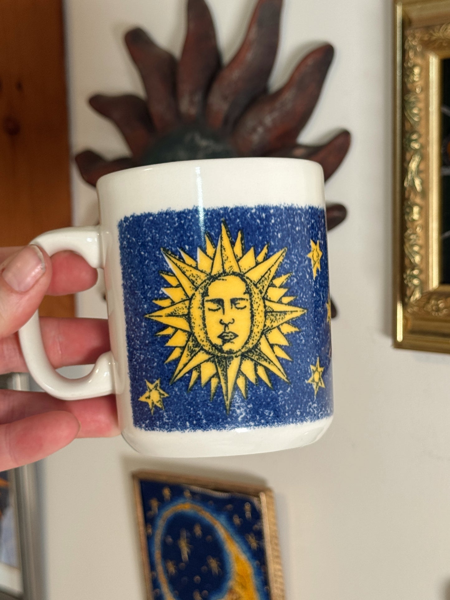 Vintage Celestial Sun Mug – Made in Britain – 90s Blue & Yellow