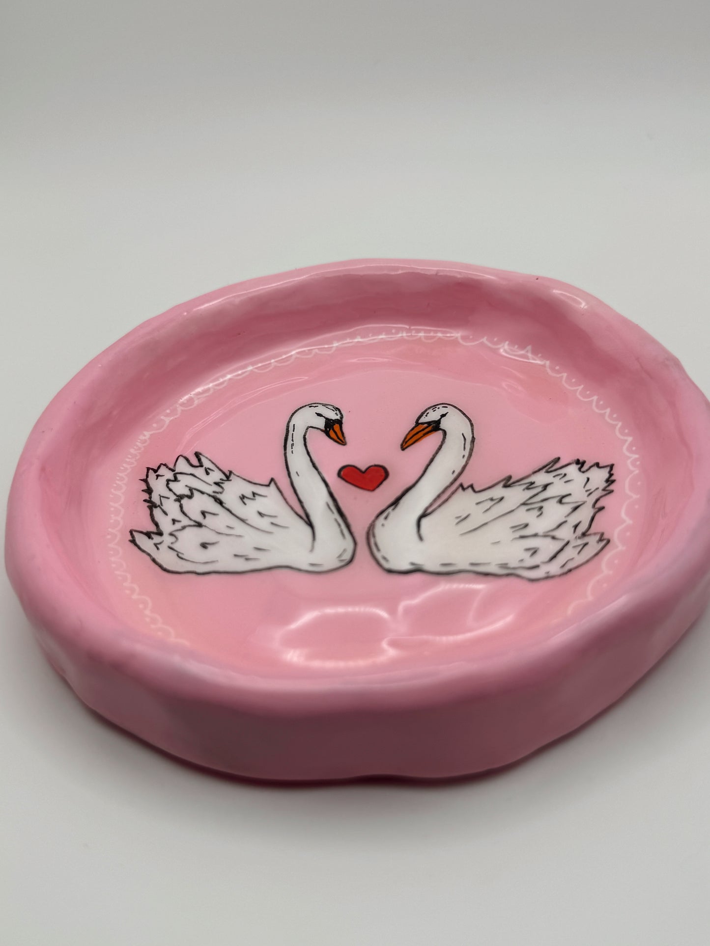 Pink Swan Love Trinket Dish – Hand-Painted Polymer Clay Jewelry Catchall (4.5”)