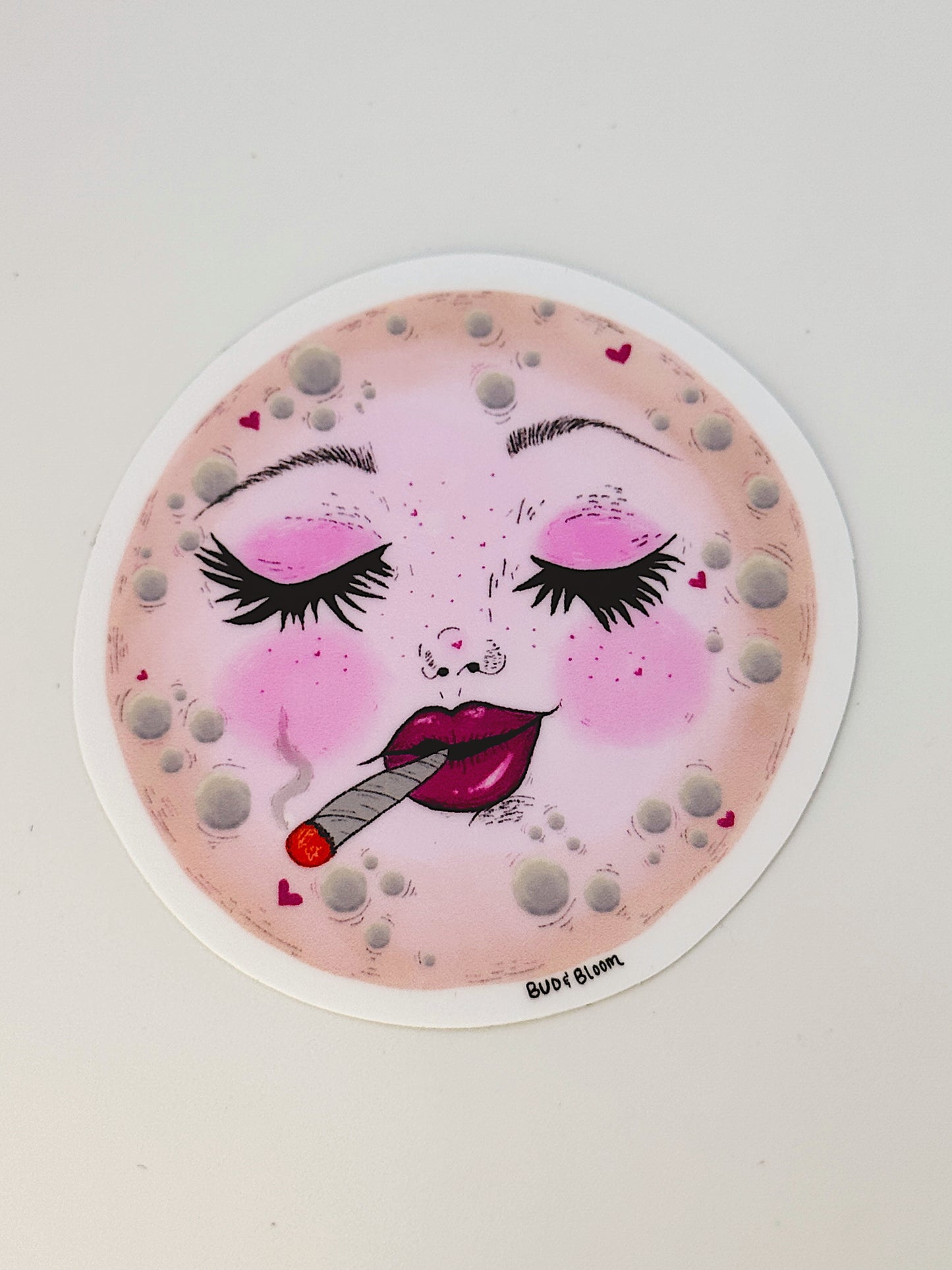 Smoking Moon Vinyl Sticker | Whimsical Celestial Moon Art