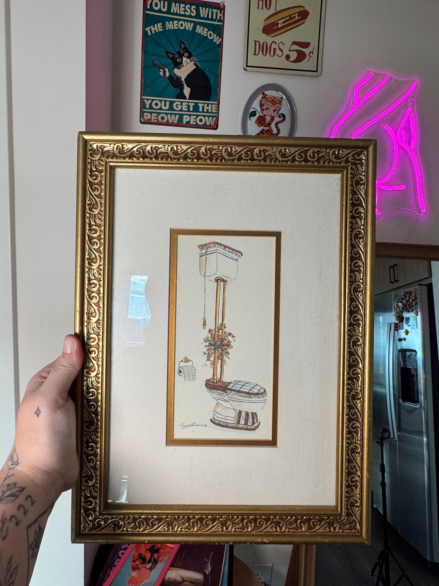 Vintage Victorian Bathroom Illustration in Ornate Gold Frame – 15” x 11”