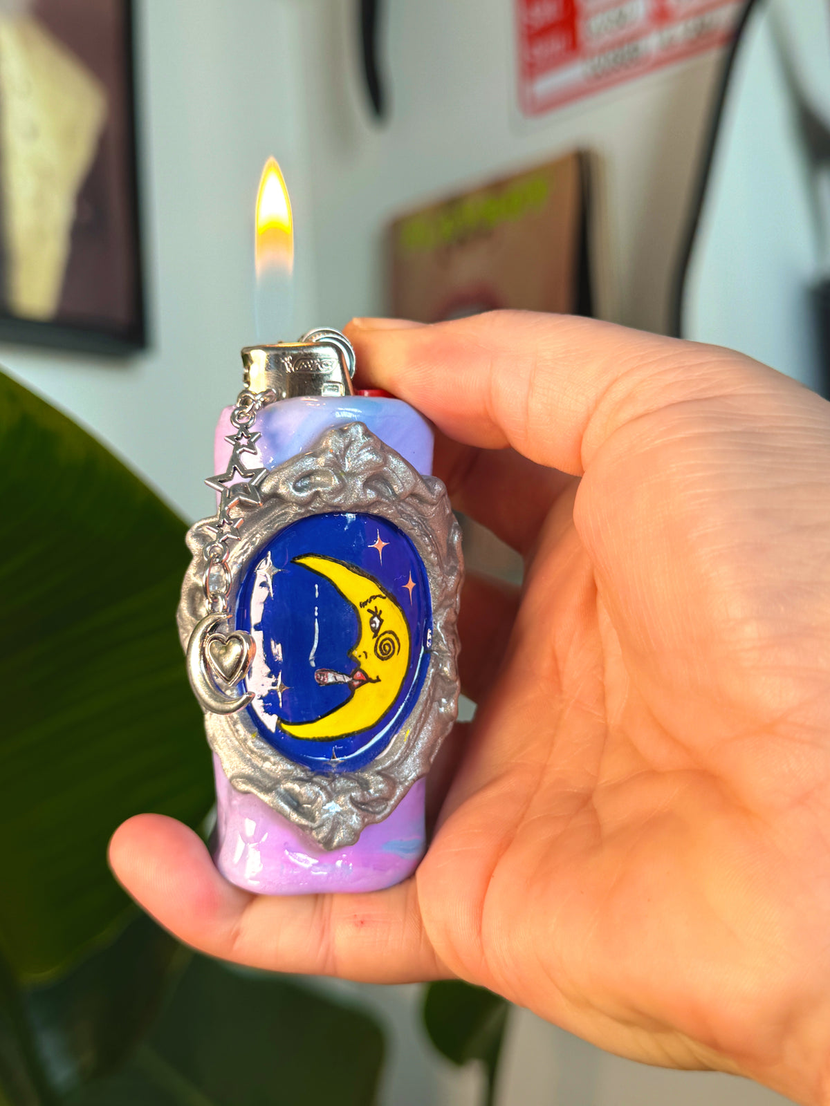 Vintage Frame Smoking Moon Case with charm| Fits Standard Bic | Handmade Polymer Clay Art