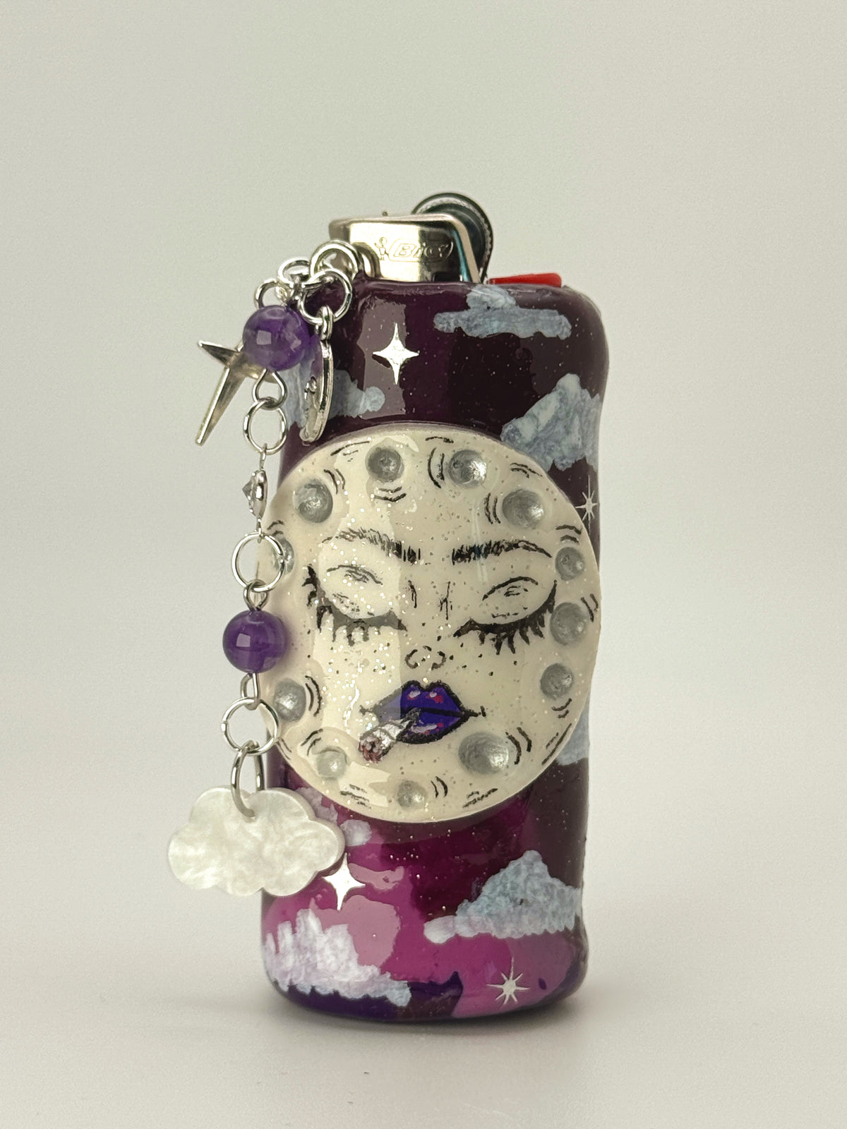 Purple Haze Moon Lighter Case with charm| Fits Standard Bic | Handmade Polymer Clay Art
