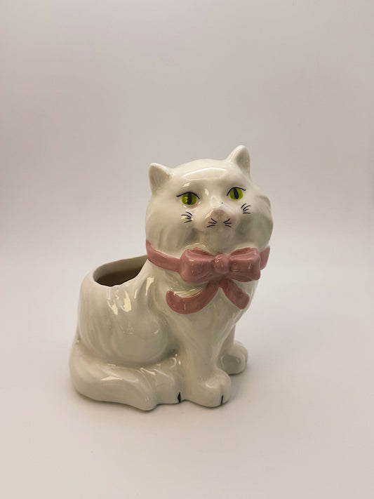 Ceramic Cat Match Holder with Strike Plate – Pink Bow