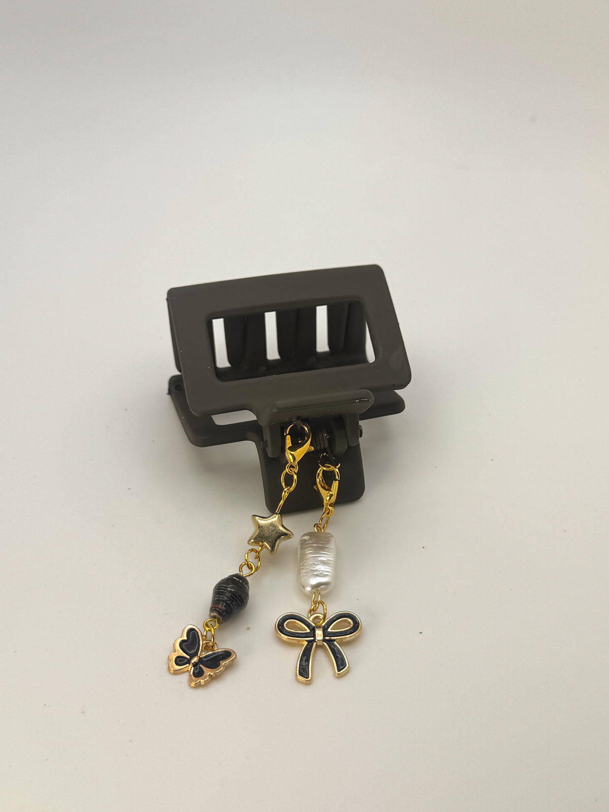 Brown Small Claw Clip with Handmade Beaded Charms | Removable Charm Clip | 2.1”