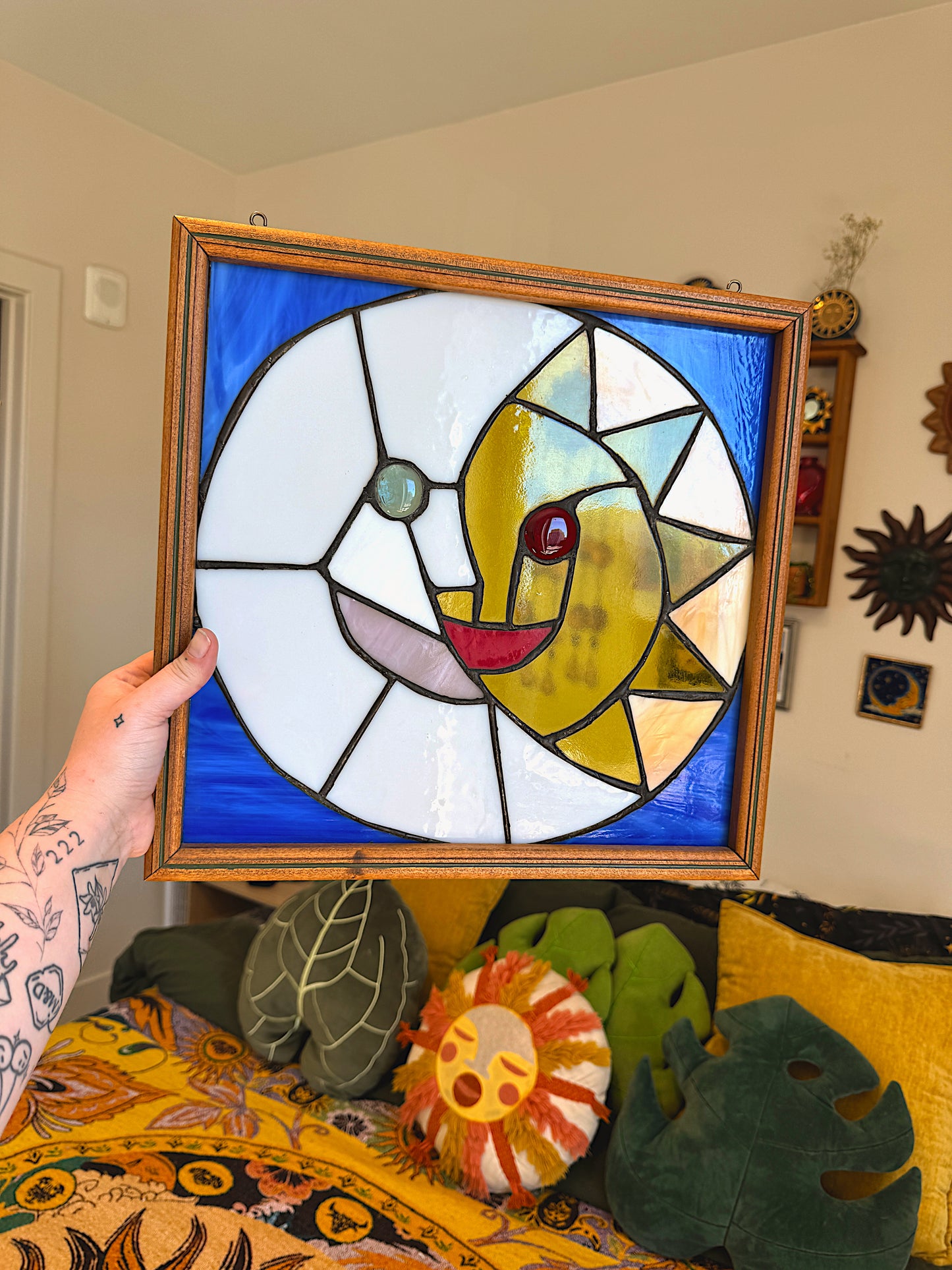 Vintage 15" Celestial Sun and Moon Stained Glass Window Panel - Heavy Leaded Glass
