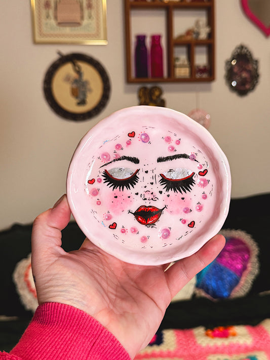 Blushing Moon Trinket Dish – Handmade Polymer Clay Pink Moon Dish with Heart Freckles