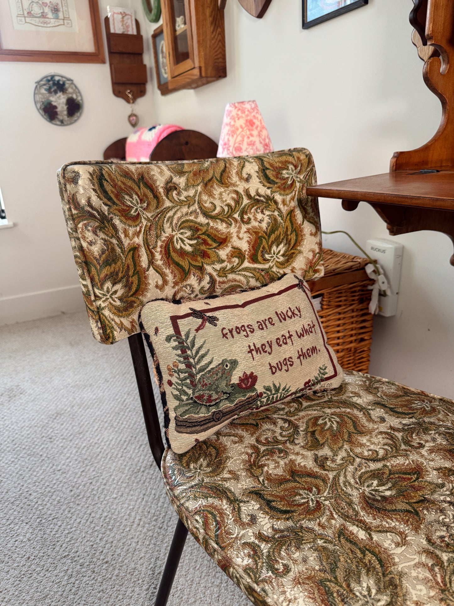 Vintage Whimsical Frog Needlepoint Style Pillow