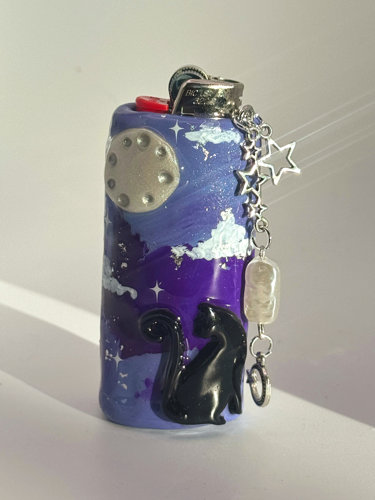 Black Cat Case with charm| Fits Standard Bic | Handmade Polymer Clay Art