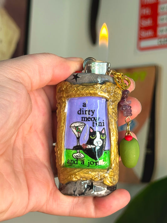 Vintage Frame Martini Kitty Case with charm| Fits Standard Bic | Handmade Polymer Clay Art